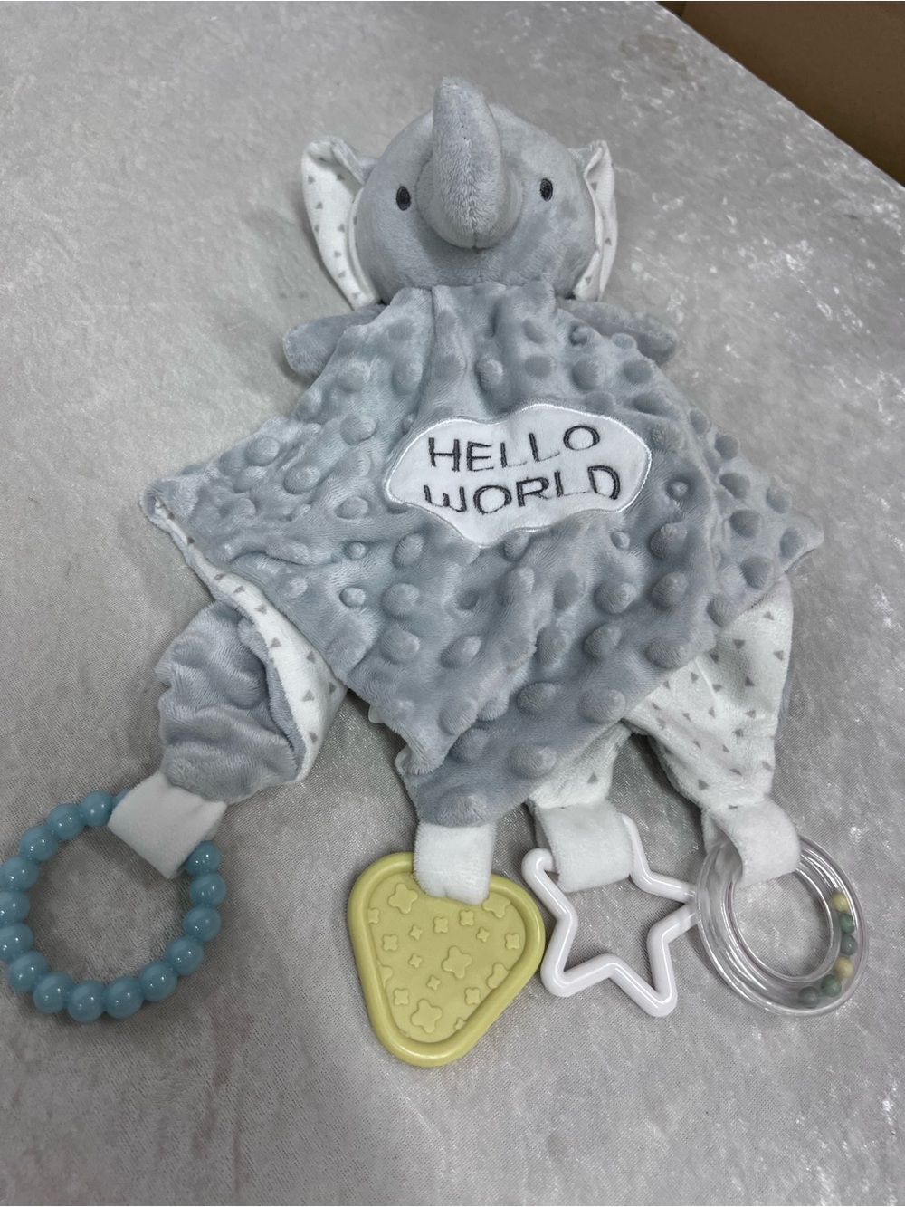 Grey Elephant Plush lovey security baby blanket w/Teething Toys minky dot